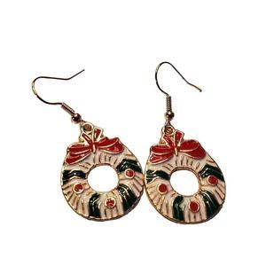 Gold Alloy White Christmas Wreath Dangle Earrings